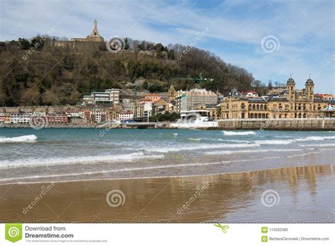 Beautiful Sandy Beach In San Sebastian With Monte Urgull Spain Stock