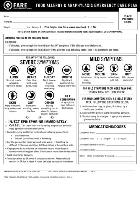 Fillable Food Allergy And Anaphylaxis Emergency Care Plan Form Printable