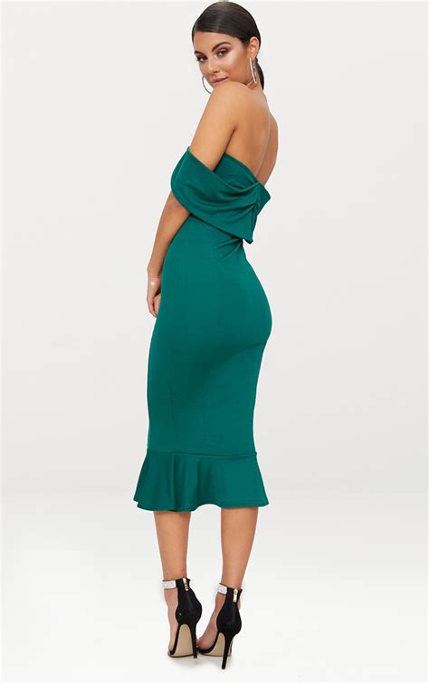 Emerald Green Bardot Frill Hem Midi Dress Dresses Prettylittlething Usa