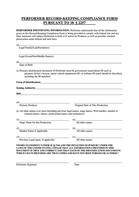 Fillable Performer Record Keeping Compliance Form Pursuant Printable