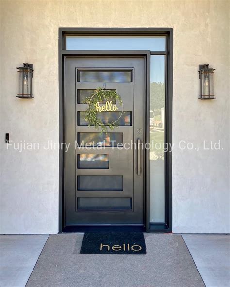 Custom Entry Single Wrought Iron Door With Glass Sidelight And Transom