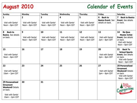 August Calendar Of Events Santa Claus Christmas Store Blog
