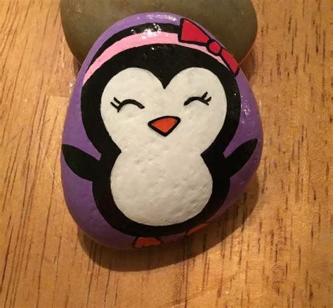 Penguin With Bow Painted Rock Painted Rocks Rock Painting Ideas Easy