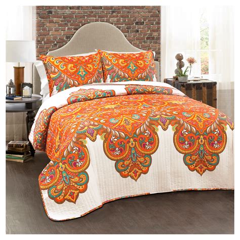 Tangerine Boho Chic Quilt Set (Full/Queen), Orange | Boho chic quilt