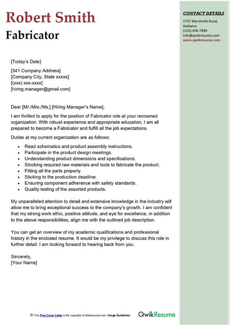 Fabricator Cover Letter Examples Qwikresume