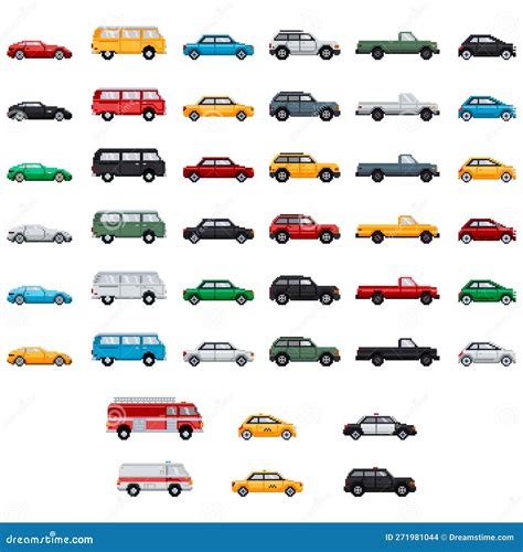 Pixel Art Cars Collection. Different Type and Colour Vehicles