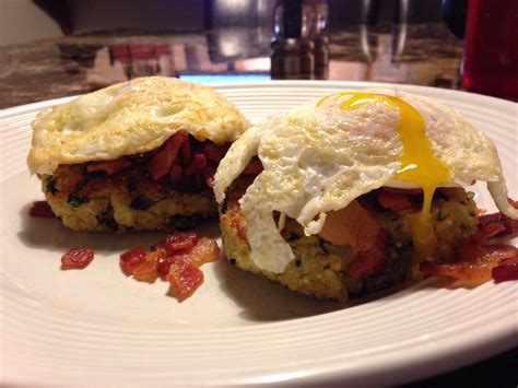 Eggs Over Bacon On A Fried Parmesan Kale Grit Cake 1080x1080 Oc R