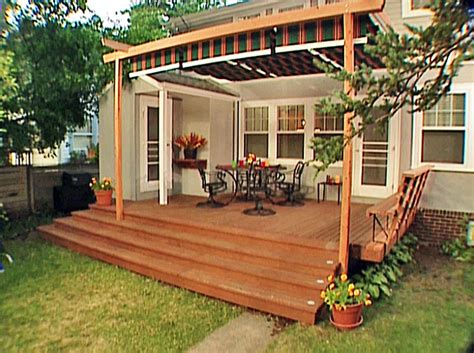 This wood awning is built next to a modular home. How To Build A Nightstand Out Of Wood, Diy Deck Awning ...