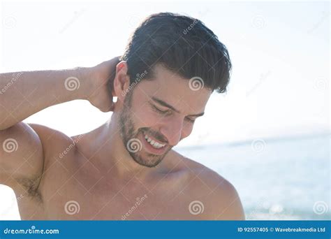 Smiling Handsome Shirtless Man At Beach Stock Image Image Of Head