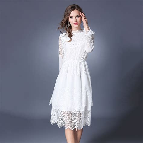 Autumn White Lace Dresses For Women Long Sleeve High Waist Clothes Plus