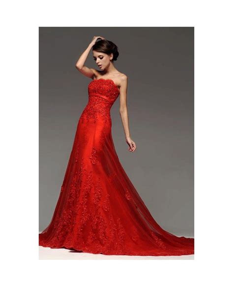 Red Sequined Lace Long Tulle Wedding Party Dress Bs