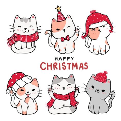 Premium Vector Cute Cartoon Kitten Cat Set Happy Christmas