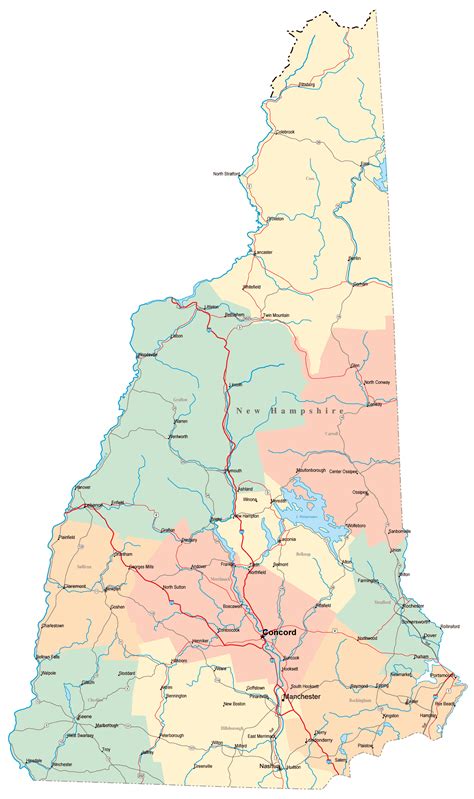 Large Administrative Map Of New Hampshire State With Highways Roads