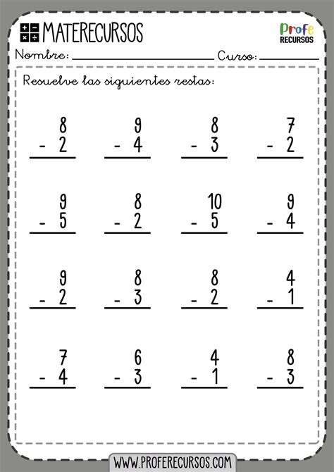 Fichas De Restas De 1 Dígito Fichas De Matemáticas