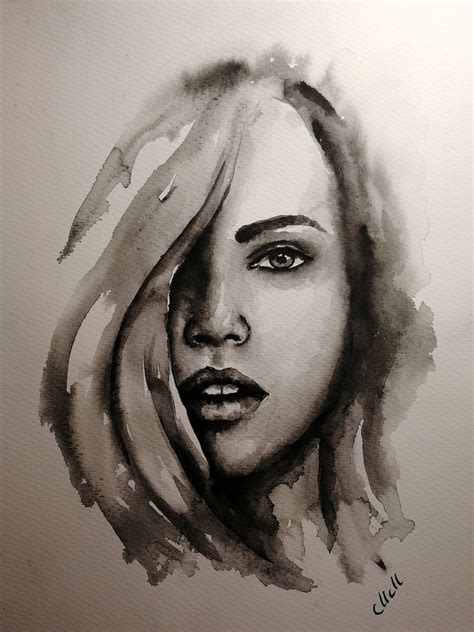 She Original Black And White Watercolor Portrait Watercolor