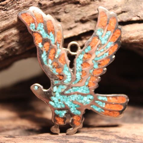 Large Vintage Navajo Turquoise Coral Eagle Necklace Pendant