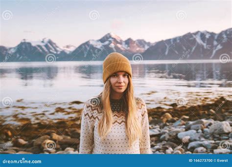 Young Woman Outdoors Travel Adventure Vacations In Norway Stock Photo