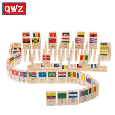 Qwz 100pcs Wooden National Flag Domino Children Puzzle Funny Domino