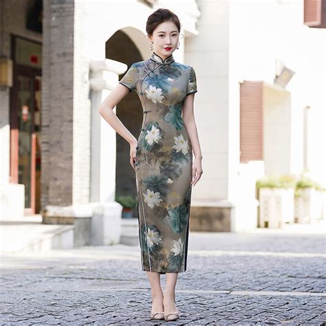 Modern Chinese Dress China Cheongsam Silk Qipao Lotus Etsy