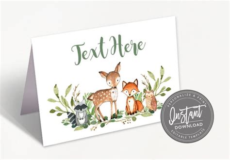 Greenery Woodland Animals Food Tent Cards Editable Baby Shower Folded