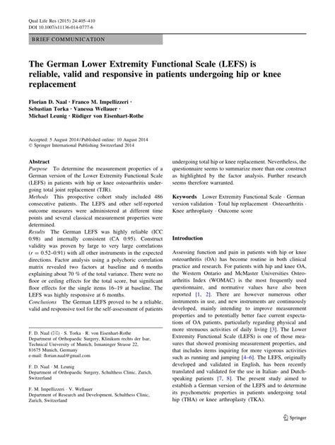 Pdf The German Lower Extremity Functional Scale Lefs