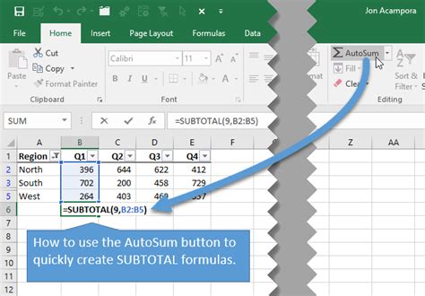 Create Subtotal Formulas With The Autosum Button Or Keyboard Shortcut