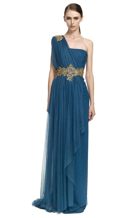 One Shoulder Georgette Gown With Tulle Overlay Roman Dress Greek