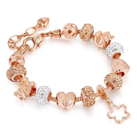 Rose Gold Color Crystal Charm Pan Bracelets For Women With Flower Beads