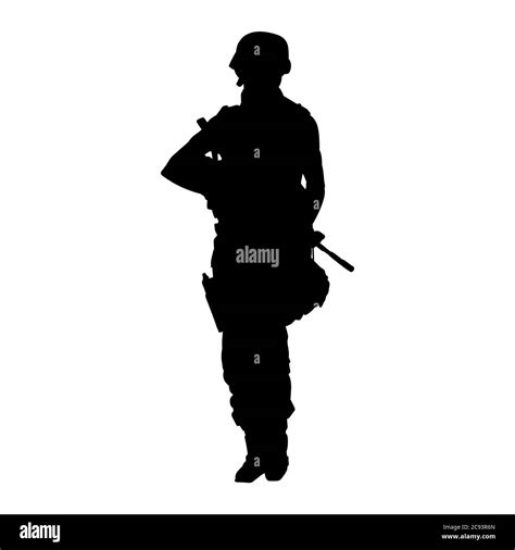 Female Soldier Standing And Holding A Rifle Silhouette Stock Vector