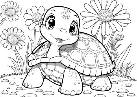 Color This Young And Cute Tortoise And All The Flowers Surrounding It