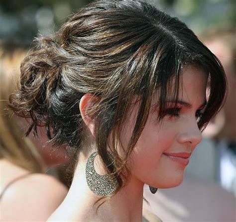 Messy bun hairstyle bun updo hairstyles. Updos For Long Hair With Bangs Selena - Inofashionstyle.com