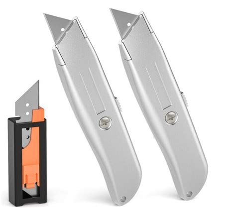 2 Pcs Silver Retractable Box Cutter Utility Exacto Knife Set With 10