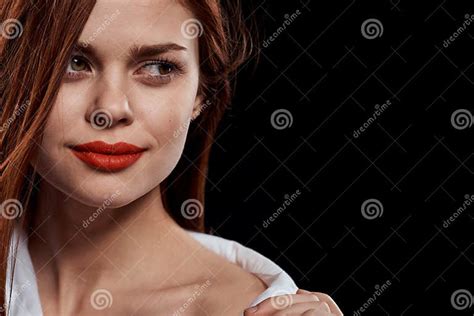 Beautiful Woman Elegant Style Red Lips Unbuttoned White Shirt Close Up
