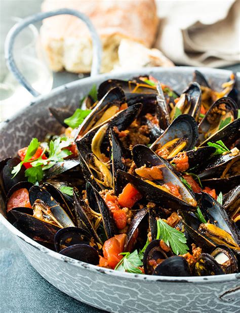 mussels with chorizo tomatoes browned garlic and basil