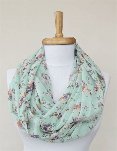Mint Green Floral Infinity Scarf Soft And Light Silky Chiffon Summer