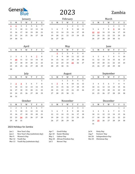 2023 Zambia Calendar With Holidays