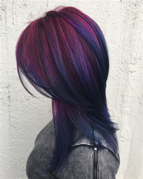 Long Layer Cut With Deep Purple Ends And Hot Violet Roots Hair Color