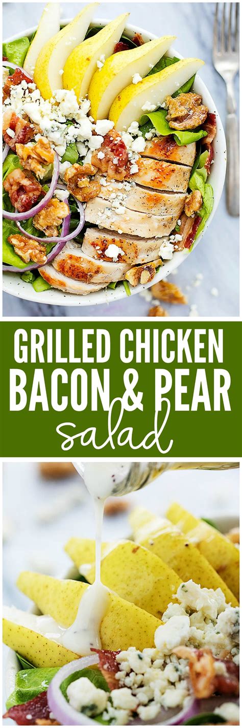 grilled chicken bacon and pear salad with poppyseed dressing is made with crisp romaine