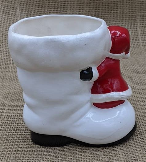 Santa Boot Planter White Ceramic Santa Boot With Santa Claus Etsy