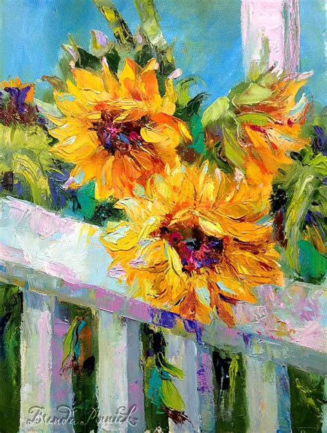 An Oil Painting Of Sunflowers In A Vase On A White Picket Fence With