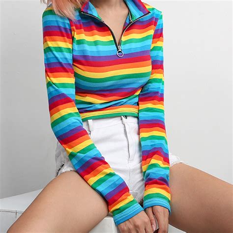 Long Sleeve T Shirt Women Casual Cropped Tee Turtleneck Rainbow Color Zipper Top Female Tee
