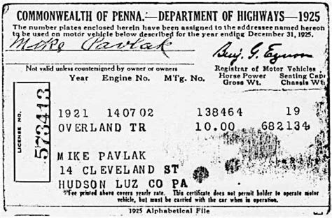 Vehicle registration fees vary by vehicle type in pennsylvania: 1925 Pennsylvania Vehicle Registration