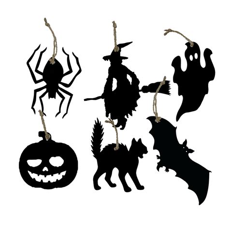 Set Of 6 Black Halloween Wooden Silhouette Ornaments Spider Witch