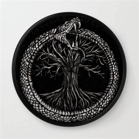 Ouroboros With Tree Of Life Wall Clock By Creativemotions Black