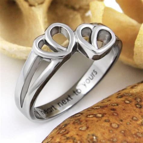 Couples Ring Love Gift Double Hearts Couples Ring Engraved On Inside With My Heart Next To