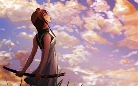 Download 1680x1050 Anime Girl Looking Up Clouds Katana Sky Plants