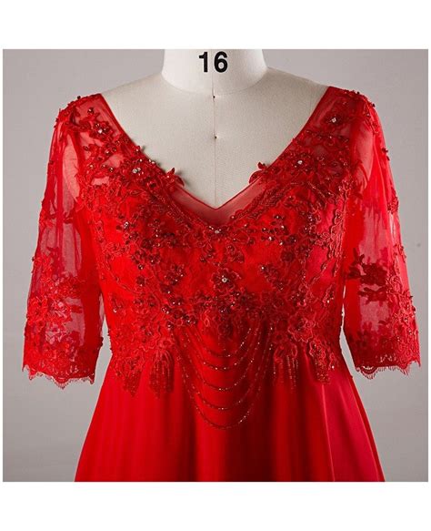 plus size red lace empire waist long chiffon formal dress with lace sleeves mn047