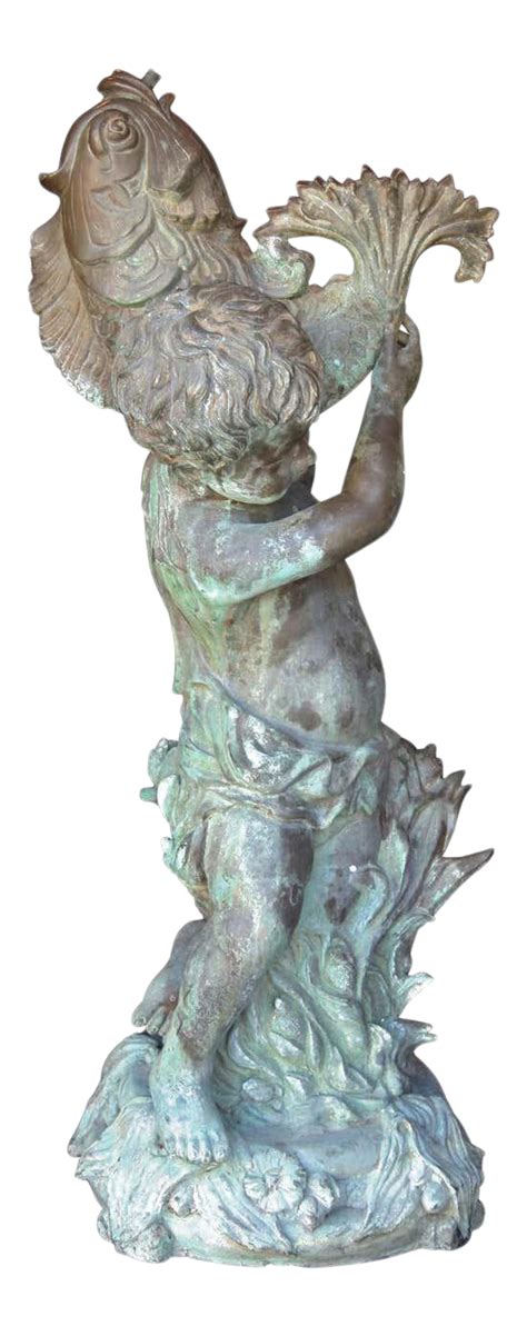 Neoclassical Cupid Holding Fish Patinaed Bronze Fountain Sculpture Mid