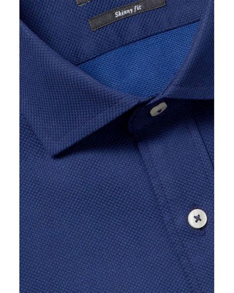 Moss Bros Cotton Skinny Fit Navy Single Cuff Textured Shirt In Blue For
