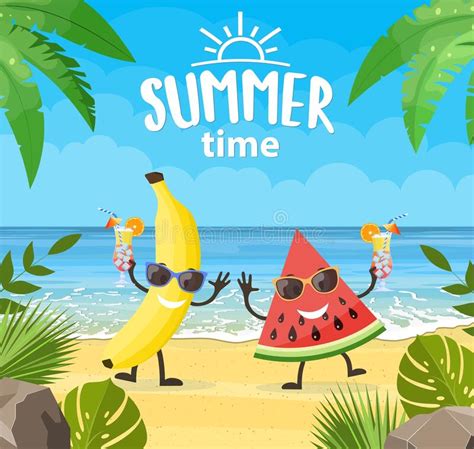 Funny Summer Banner With Fruit Characters Stock Vector Illustration